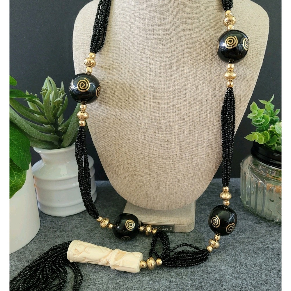 Tiki Resin Lucite Black Glass Seed Bead Multi Strand Necklace 30in
